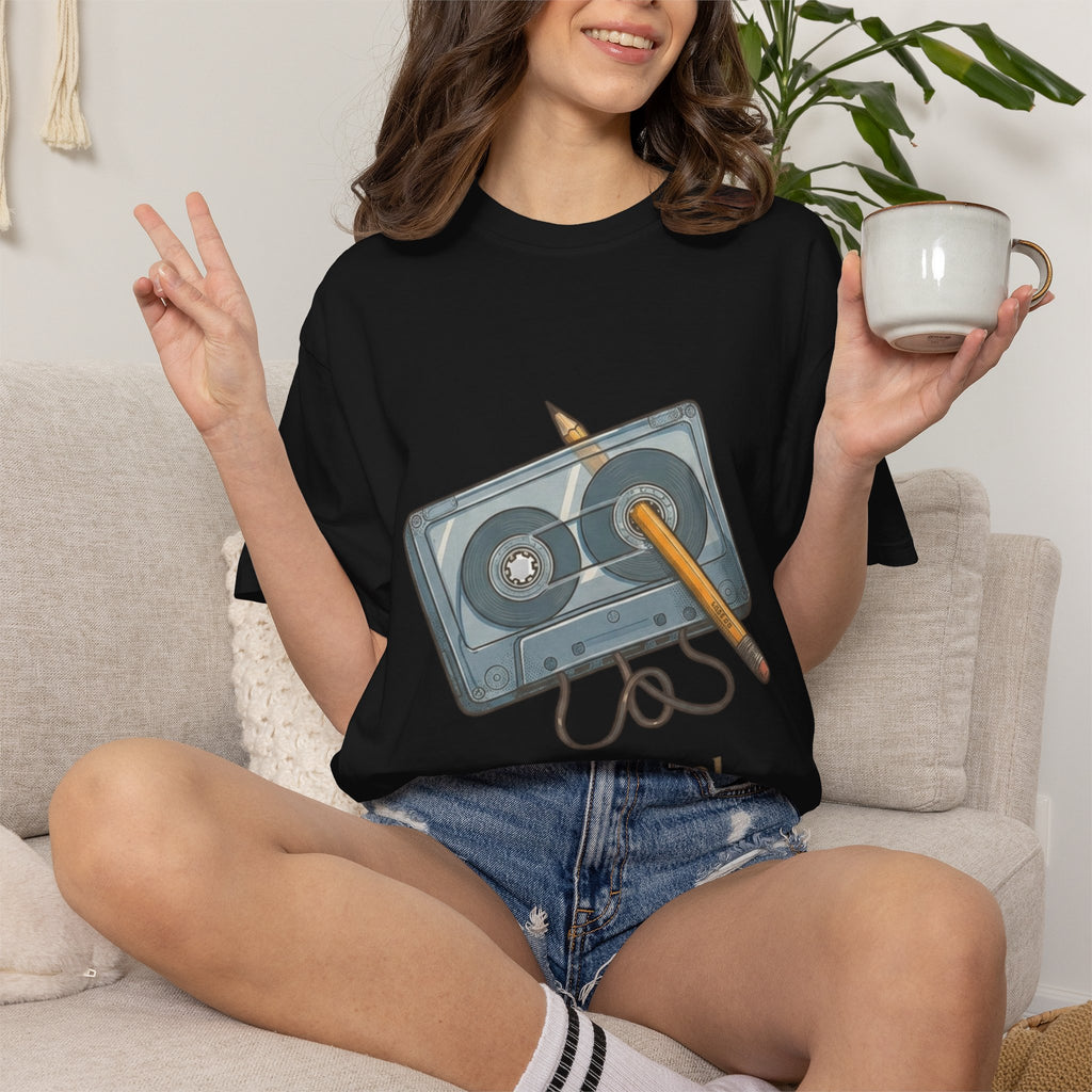 The Original "Rewind" Button Cassette Tee in Black