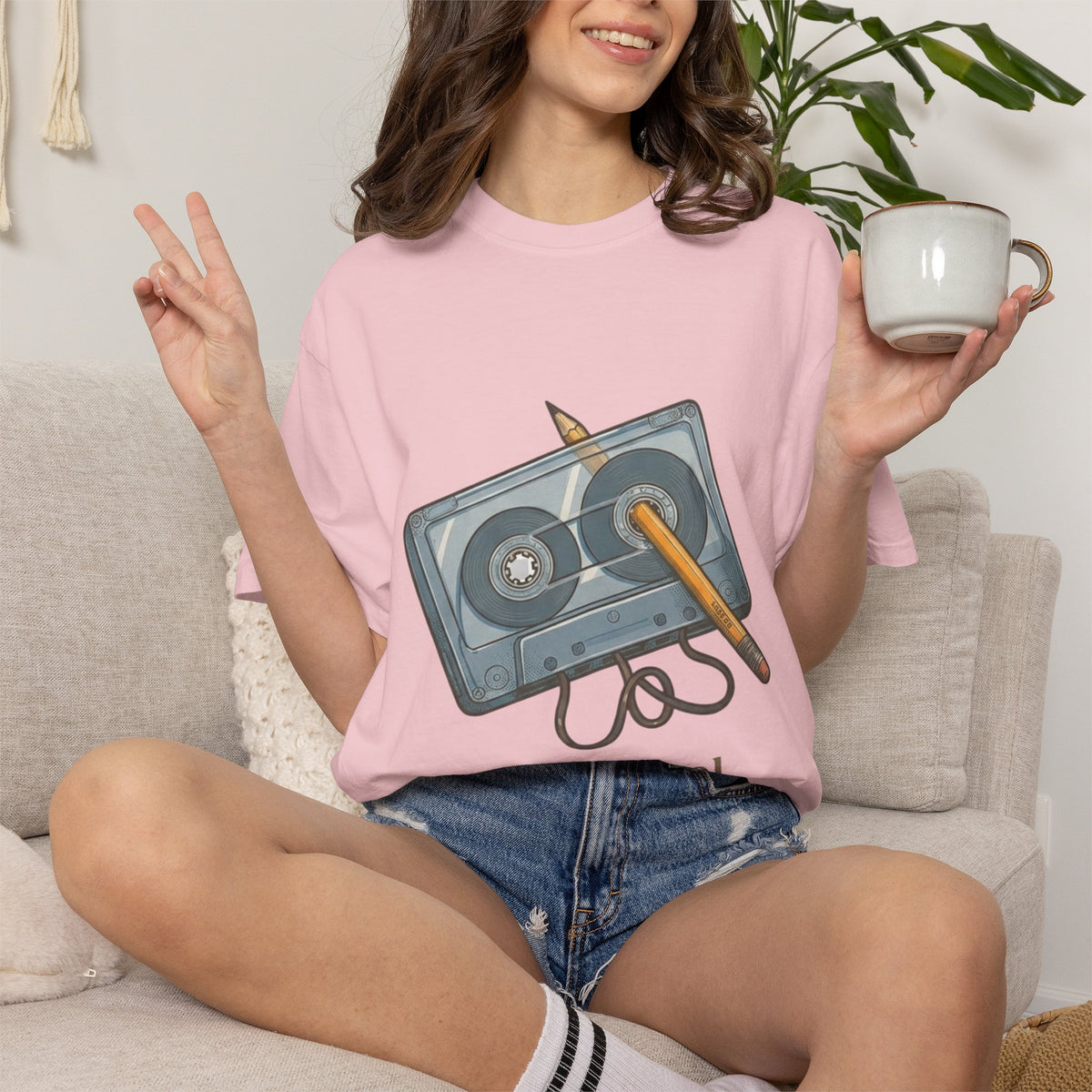 The Original "Rewind" Button Cassette Tee in Pink