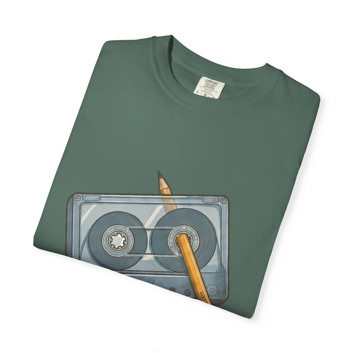 The Original "Rewind" Button Cassette Tee in Dark Green