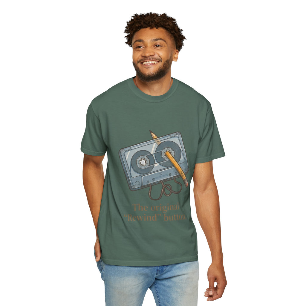 The Original "Rewind" Button Cassette Tee in Dark Green