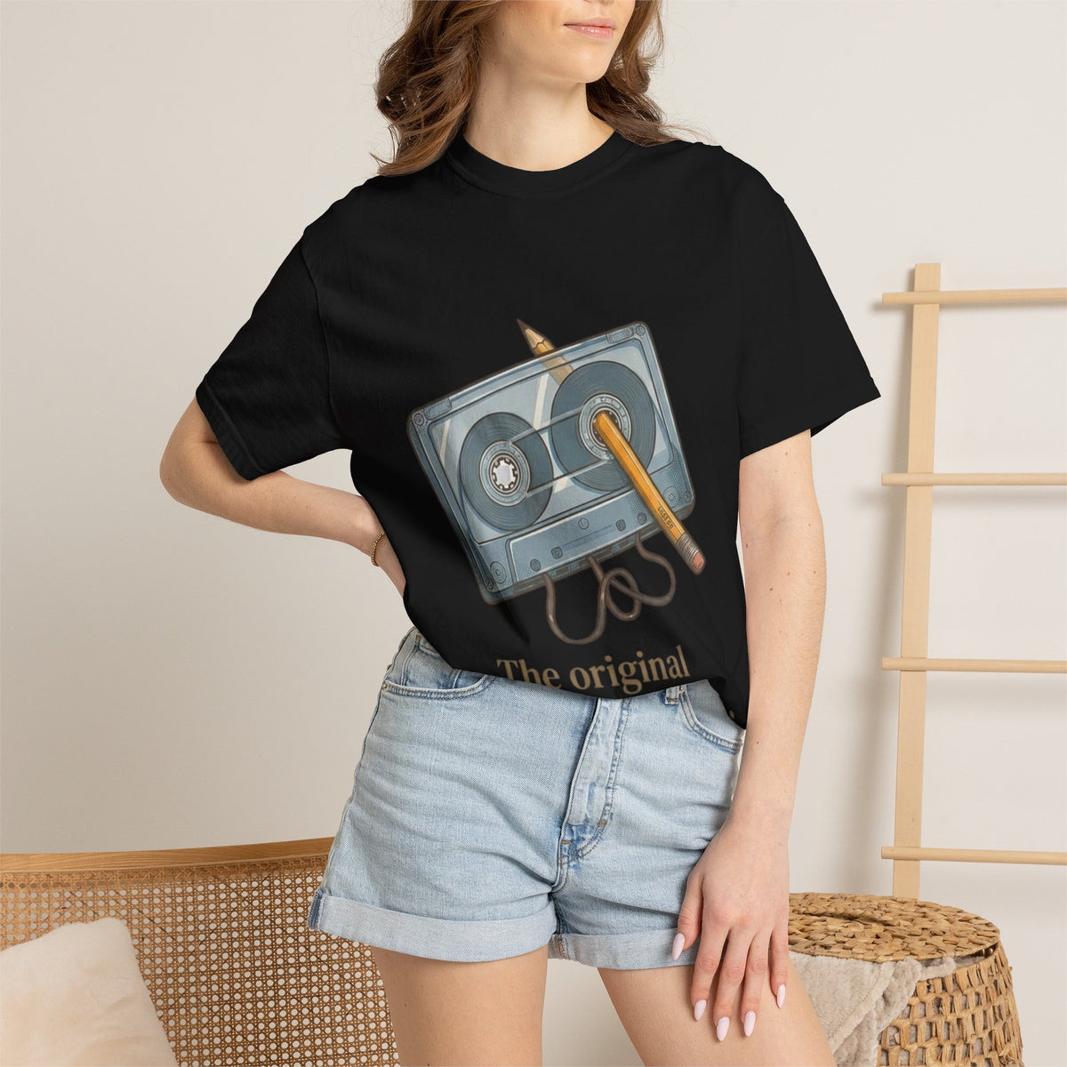 The Original "Rewind" Button Cassette Tee in Black