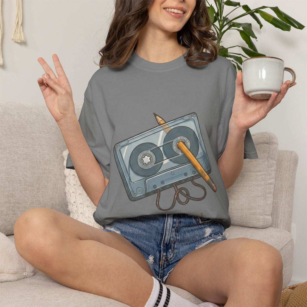The Original "Rewind" Button Cassette Tee in Grey