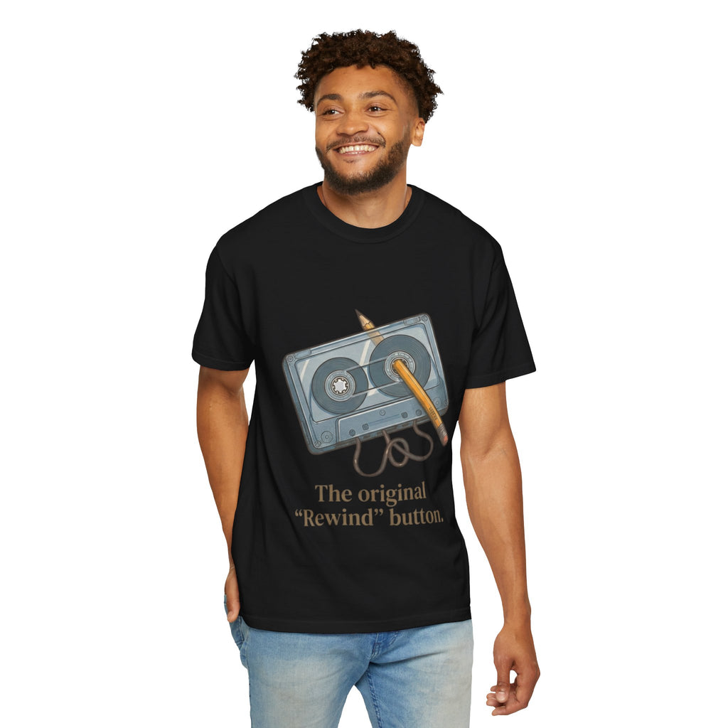 The Original "Rewind" Button Cassette Tee in Black