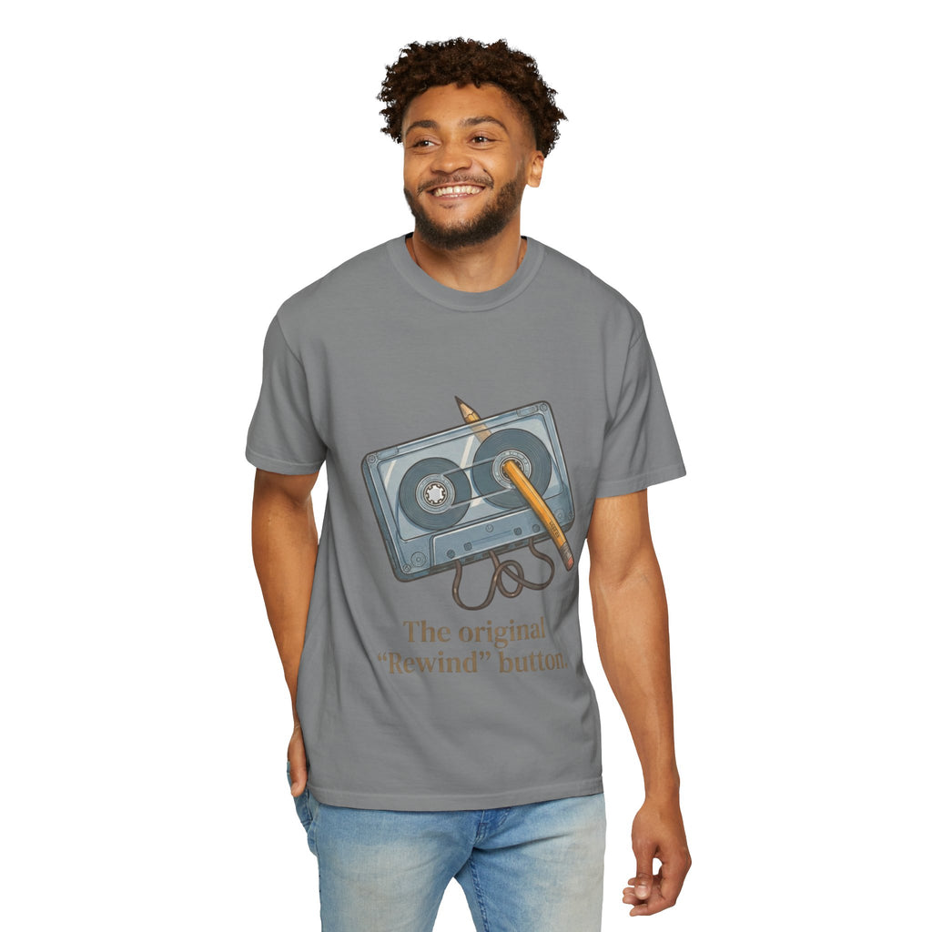 The Original "Rewind" Button Cassette Tee in Grey