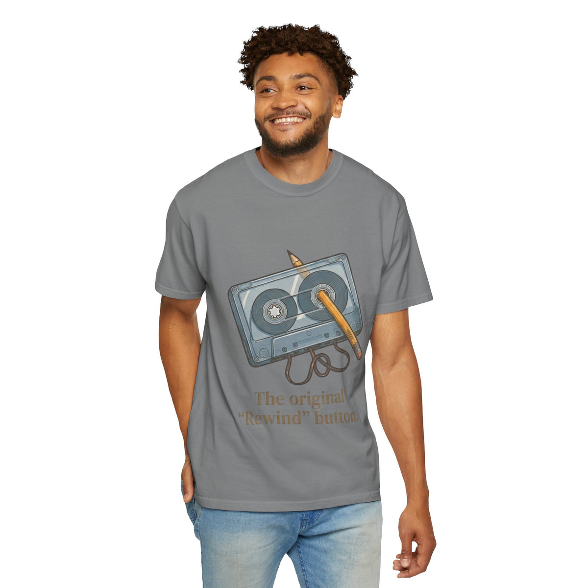 The Original "Rewind" Button Cassette Tee in Grey
