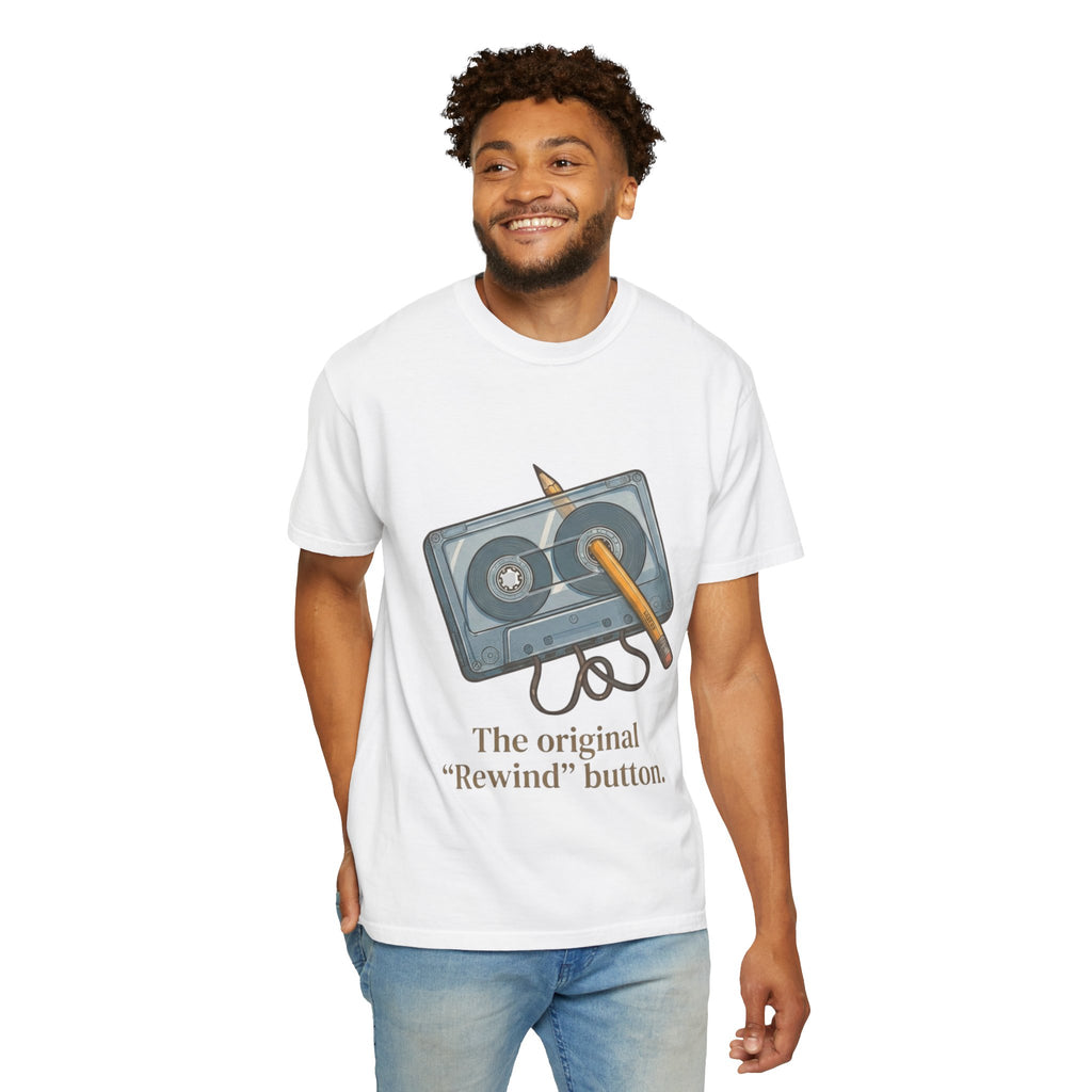 The Original "Rewind" Button Cassette Tee in White