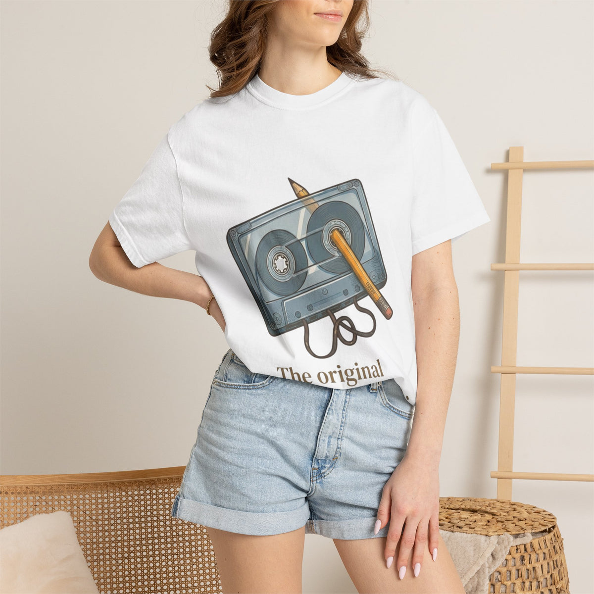 The Original "Rewind" Button Cassette Tee in White