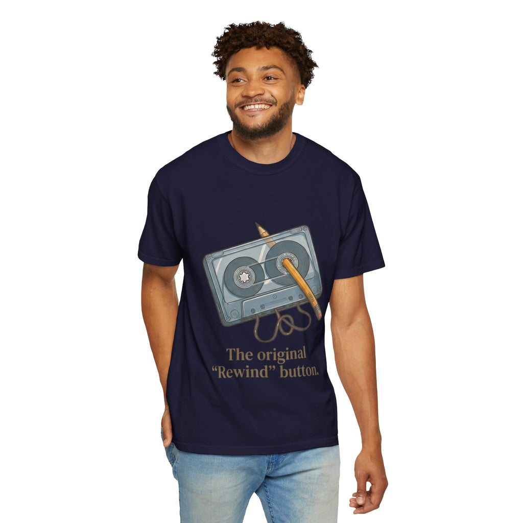 The Original "Rewind" Button Cassette Tee in Navy