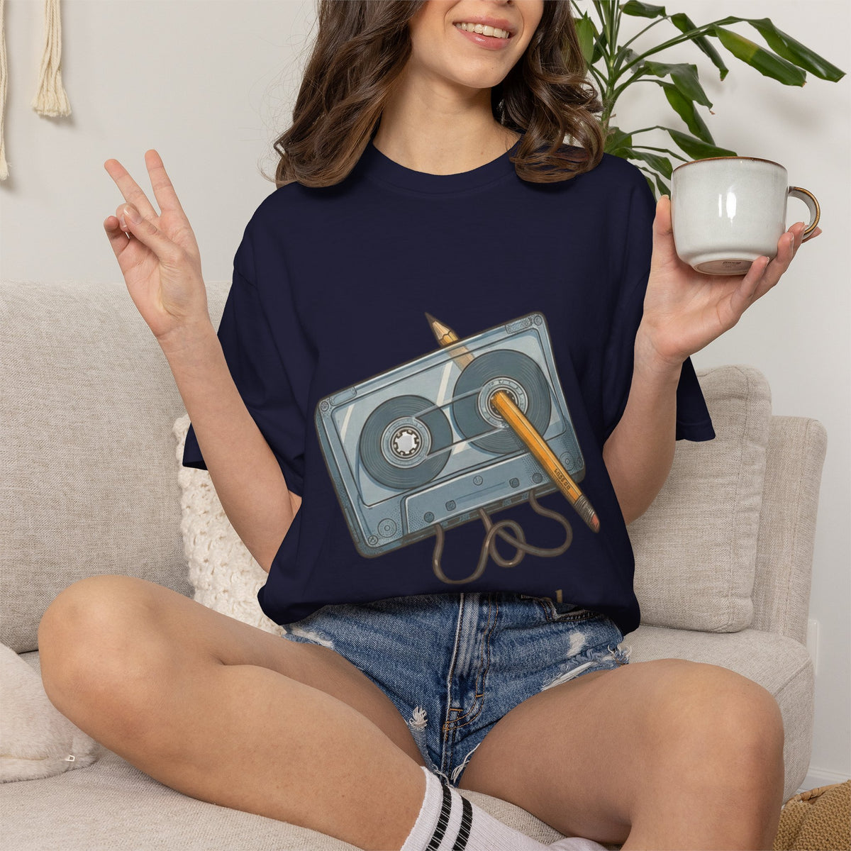 The Original "Rewind" Button Cassette Tee in Navy
