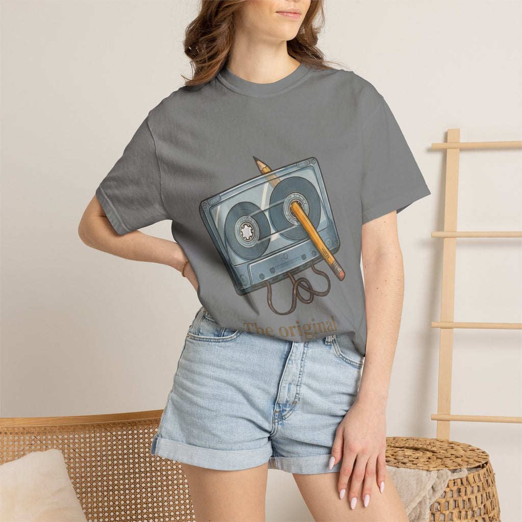 The Original "Rewind" Button Cassette Tee in Grey