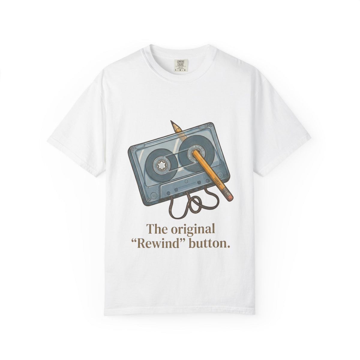 The Original "Rewind" Button Cassette Tee in White
